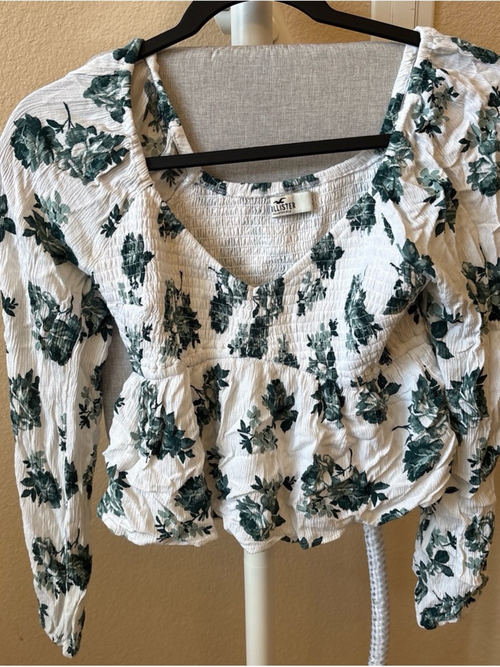 Hollister White Smocked Peplum Top with Dark Green Floral Print